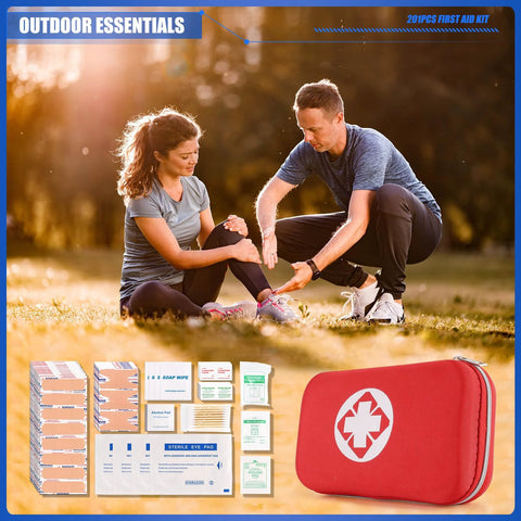 Mini Travel First Aid Kit in a red waterproof case with white cross, 201-piece medical supplies