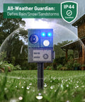 2 Packs Upgraded Ultrasonic Animal Repeller with motion sensor in rainy outdoor setting showing waterproof capability