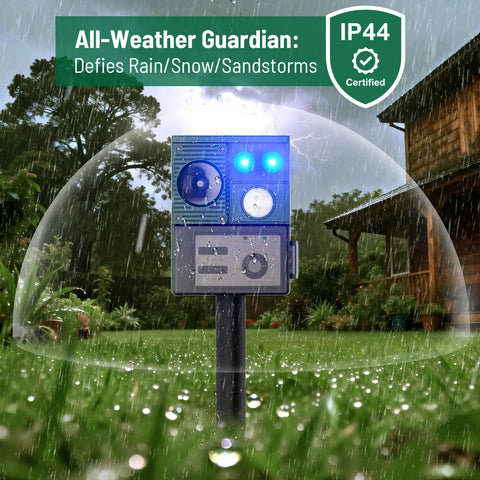 2 Packs Upgraded Ultrasonic Animal Repeller with motion sensor in rainy outdoor setting showing waterproof capability
