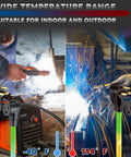 Heavy Duty 20 Ft Welder Extension Cord 50 Amp 6 AWG NEMA 6 50P To 6 50R 250V Welding Cable ETL Listed Low Voltage Drop Ideal For Continuous Duty Machines And Heavy Welders. Indoor and outdoor welding cable with plugs and temperature range graphic.