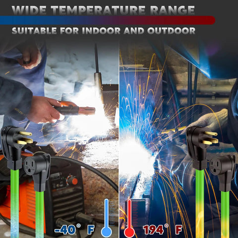 Heavy Duty 20 Ft Welder Extension Cord 50 Amp 6 AWG NEMA 6 50P To 6 50R 250V Welding Cable ETL Listed Low Voltage Drop Ideal For Continuous Duty Machines And Heavy Welders. Indoor and outdoor welding cable with plugs and temperature range graphic.