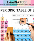 Colorful Dry Erase Periodic Table Chart For Kids A4 Science Learning Wall Display That Makes Chemistry Fun And Engaging Great For Classrooms And Home Wipe Clean Durable Laminated 8 By 12 Inches shown with wipe marker and magnifier.