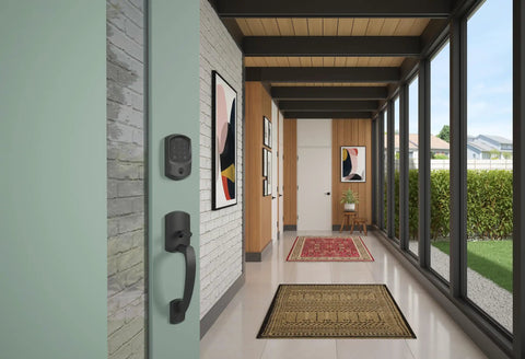 Greenwich Exterior Half Single Cylinder Handleset In Matte Black With Deadbolt Exterior Door Grip Ready To Pair With Interior F59 in modern hallway.