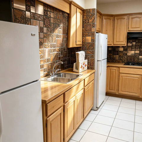 Kitchen with Bronze Brushed Metal Mosaic Tile Set With Resin Texture, Dope Copper Tones, 12x12 Mesh Backing, Perfect For Kitchen Backsplash, Bathroom Walls, And Fireplace Surrounds, Durable 5 Sq Ft Coverage on backsplash above sink.