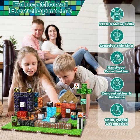 Kids playing with Magnetic Building Blocks Set 200 Pieces With 6 Base Plates For Kids Ages 3 4 5 6 7 8 9 10 11 12 STEM Construction Toys.