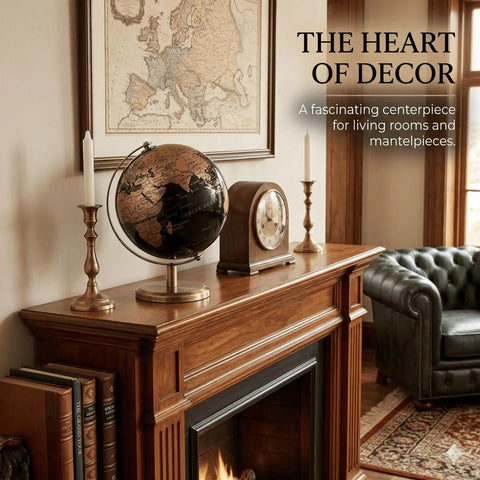 6 Inch World Globe With Antique Bronze Stand Dope Black And Gold Earth Desktop Decor For Home Office Classroom Geography Learning Globe For Kids And Adults on wooden mantel next to candles and clock.