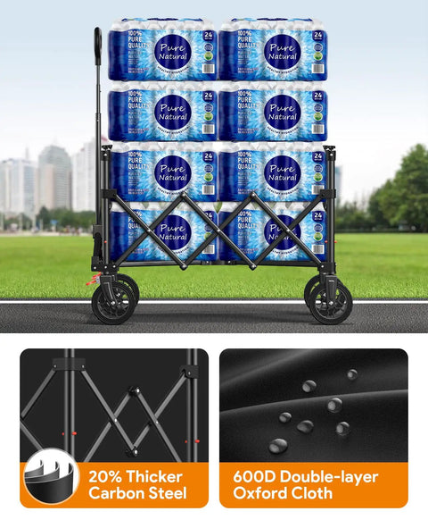 Beefed Up Heavy Duty Foldable Wagon Cart With All Terrain Wheels, 330Lb Capacity And 180L Cargo Space, loaded with bottles