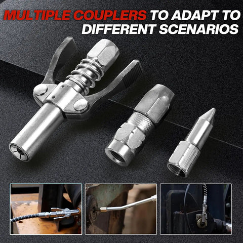 Close-up of three couplers for 2 In 1 Cordless Electric Grease Gun Kit With 12000 PSI Output, showing different adapter styles.