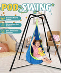 Heavy Duty Sensory Swing With Stand And Pod Chair Set Metal X Frame Hammock Chair Stand For Home And Outdoors Indoor Outdoor Swing Supports Up To 350 Lbs Easy Setup Comfortable Cotton Poly Pod Seat Built To Last in a living room.