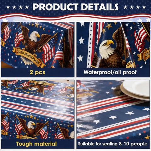 4th Of July Tablecloth 250th Anniversary Patriotic American Flag Design Two Pack For Memorial Day Outdoor Home Patio Decor