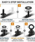 Easy installation steps for Heavy Duty Black M8 T Track Tie Down Anchors with washers and eye nut for securing cargo.