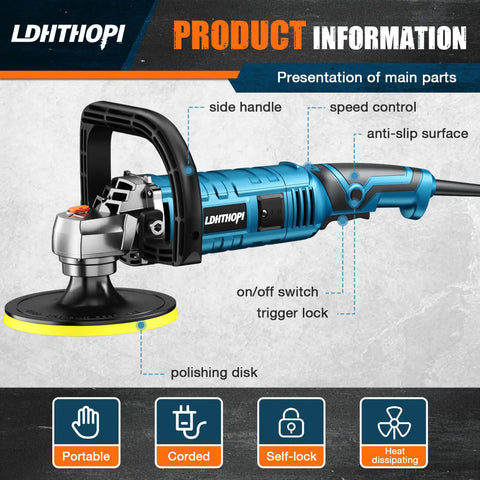 Beast 1600W Rotary Buffer Polisher For Cars And Boats with 7 Inch and 6 Inch Heads, 7 Variable Speeds, Detachable Handle