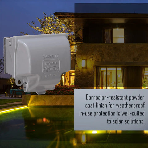 RaynGuard Extra Duty Built Tough Metal Weatherproof In-Use Outlet Cover for Outdoor 1-Gang Gray installed on wall