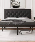 Quick Setup Full Size Metal Bed Frame With Faux Leather Tufted Headboard Rock Solid Heavy Duty Platform Sleep Base 12 Inch Underbed Storage Steel Slat Support No Box Spring Hassle Noise Free Black in a modern bedroom setting.