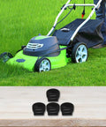 Replacement Lawn Mower Height Adjuster Knobs For Toro Models 20092 20333 20352 20380 4 Pack next to a green lawn mower on grass.