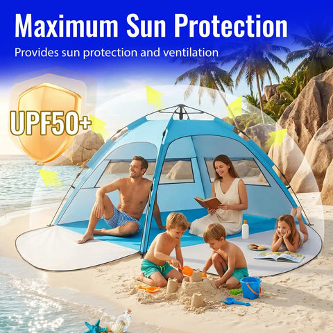 Family under Easy Setup Beach Tent Sun Shelter For Family Beach Day Ideal 4 To 5 Person Shade With UV 50 Plus Protection on beach