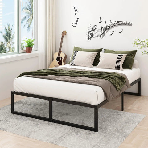 Sturdy Queen Bed Frame With 14 Inch Low Profile Platform Heavy Duty Steel Slat Support No Box Spring Headache For Memory Foam And Pillowtop Mattress Fast Easy Setup in a cozy bedroom setup.