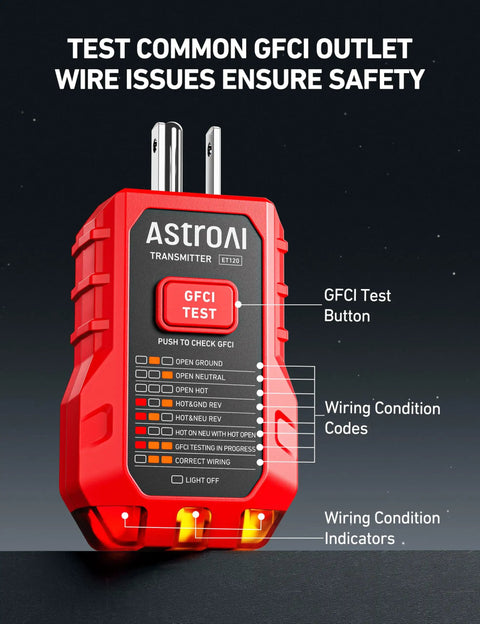 Front view of Circuit Breaker Finder With GFCI Outlet Tester displaying GFCI test button and wiring condition indicators.