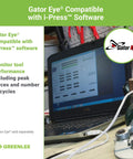 Laptop screen with Gator Eye software monitoring a hydraulic tool, Greenlee branding visible, showing tool performance data.
