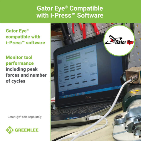 Laptop screen with Gator Eye software monitoring a hydraulic tool, Greenlee branding visible, showing tool performance data.