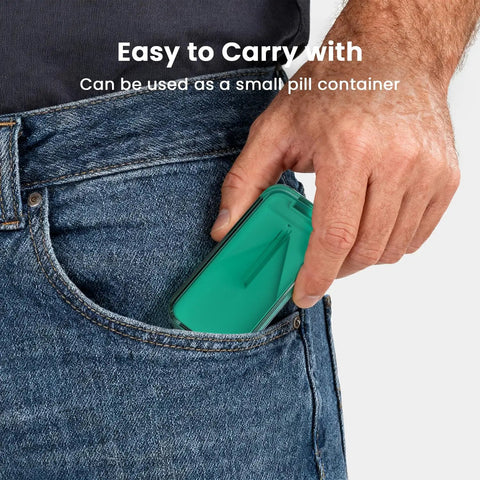 Pill Cutter And Splitter with Sharp Blade easy to carry in pocket, BPA-free plastic, silicone V-holder, cyan color, compact size