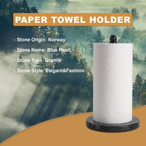 Blue Pearl Granite Paper Towel Holder For Kitchen Countertop with roll, natural Norwegian stone stand on scenic background