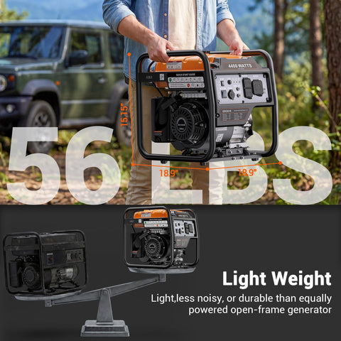 Beefy 4400 Watt Open Frame Inverter Generator held outdoors, highlighting lightweight design for portable use