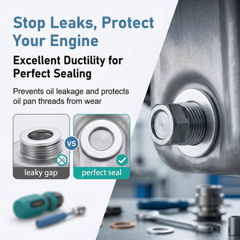 Close-up of oil drain plug with washer, showcasing perfect seal from Oil Drain Plug Gasket Set, 100 Piece Crush Washer Kit.