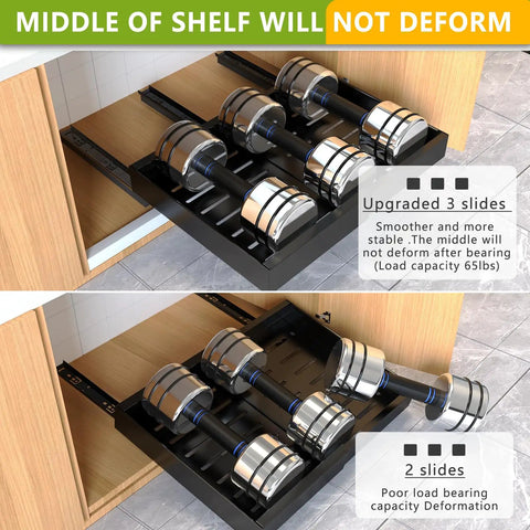 No Sweat Roll Out Cabinet Organizers Two Pack Adjustable Width Storage Bins With Strong Nano Adhesive Tape Effortless Pantry Upgrade For Framed Shelves And Cupboards showing slide out cabinet with weights.
