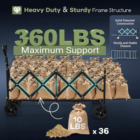 Extra Long 43 Inch Collapsible Wagon With Extended Tailgate 360 Pound Heavy Duty Utility Cart for grocery, garden, and camping