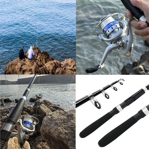 All In One Fishing Pole Combo Kit with 2 Telescopic Rods and 2 Spinning Reels in action by water