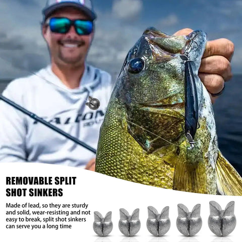 Angler holding fish with lure, showcasing Split Shot Fishing Weights Kit with Removable Clip On Sinker and egg-shaped lead sinkers.