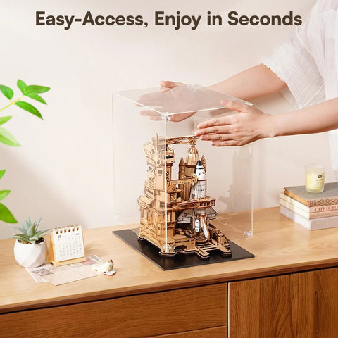 Crystal Clear Acrylic Display Case For Collectibles With Dust Proof Protection Easy Snap Assembly Stackable Design Plastic Base Perfect Showpiece For Wooden Puzzles And Model Kits, clear acrylic box on desk