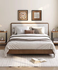 Set Of Two Rustic Brown End Tables Featuring Built Tough Industrial Frames Double Tier Storage Compact Side Tables And Nightstands For Living Rooms And Bedrooms With Easy Peasy Assembly That Actually Holds Up beside a bed in a modern bedroom.