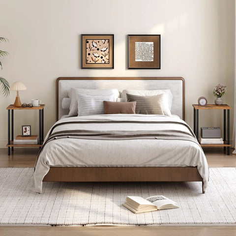 Set Of Two Rustic Brown End Tables Featuring Built Tough Industrial Frames Double Tier Storage Compact Side Tables And Nightstands For Living Rooms And Bedrooms With Easy Peasy Assembly That Actually Holds Up beside a bed in a modern bedroom.