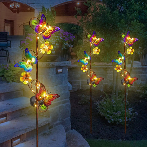 Solar Butterfly Garden Lights 2 Pack Outdoor Stake Decor With Waterproof Metal Butterflies And Flowers, LED String Lights
