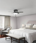 42 Inch Indoor Ceiling Fan With LED Light Matte Black Low Profile Flush Mount 5 Blades in bedroom setting