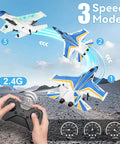 Epic RC Plane for Adults and Kids, Easy to Fly Fighter Jet with 2.4GHz Remote, showing three speed modes in flight