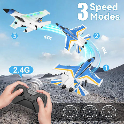 Epic RC Plane for Adults and Kids, Easy to Fly Fighter Jet with 2.4GHz Remote, showing three speed modes in flight