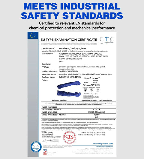 EU-type examination certificate for Heavy Duty Pvc Chemical Gloves With Waterproof Long Sleeve Cotton Liner Built For Hella Tough Industrial And Pool Tasks Featuring Straight Up Non Slip Grip In Blue Large Fighting Acid And Oil.