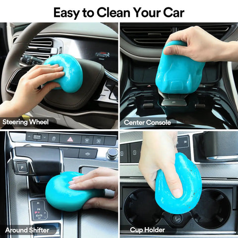 Hands using Car Cleaning Gel For Detailing And Interior Cleaning, Flexible Cleaning Putty Slime That Grabs Dust, shown on steering wheel and console.