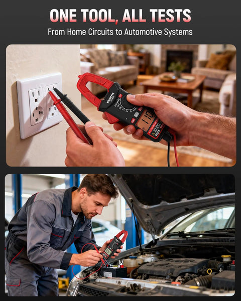 5 in 1 Digital Clamp Meter With Auto Ranging, 400A AC Current, 600V AC DC Voltage, Resistance, Continuity And Diode Testing, 2000 Count Resolution, Portable Pocket Sized Multimeter For Pros And DIY used on outlet and car battery