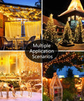Warm White 200 LED Christmas Lights 66ft Outdoor Indoor String Light with Remote Control 8 Modes Memory Timer Plug In Green Wire for Tree Yard Party Xmas Decor displayed in various outdoor settings.