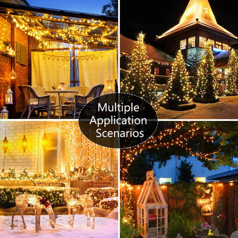 Warm White 200 LED Christmas Lights 66ft Outdoor Indoor String Light with Remote Control 8 Modes Memory Timer Plug In Green Wire for Tree Yard Party Xmas Decor displayed in various outdoor settings.