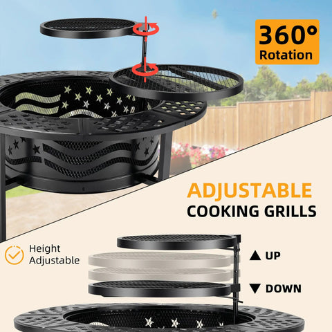 Big 42 Inch Outdoor Fire Pit With Two Grills For Wood Or Charcoal Burning, Heavy Duty Metal Round Fireplace, adjustable cooking grills close-up
