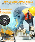 Worker using 12 Inch Battery Powered Floor Fan Compatible With 20V Max Batteries Portable Metal High Velocity Cordless Fan with AC Adapter
