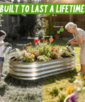 Galvanized Raised Garden Bed Kit Outdoor Oval Planter Boxes For Vegetables Fruits And Flowers Heavy Duty Metal Easy Assembly 4x2x1 Ft Per Bed 2 Pack Silver shown with plants and people watering