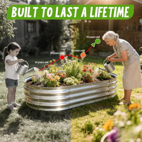 Galvanized Raised Garden Bed Kit Outdoor Oval Planter Boxes For Vegetables Fruits And Flowers Heavy Duty Metal Easy Assembly 4x2x1 Ft Per Bed 2 Pack Silver shown with plants and people watering