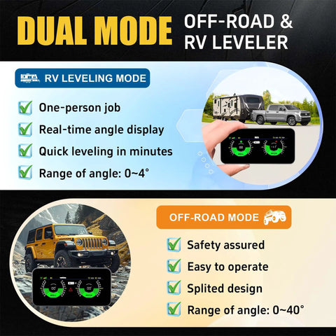 Two In One Wireless RV Leveling System And Off Road Inclinometer with dual-mode precision display, RV and off-road use.