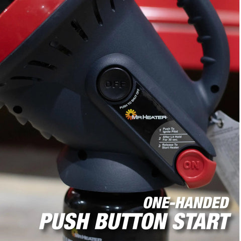 Little Buddy Portable Radiant Propane Heater With 3800 BTU Output showing side view and one-button ignition feature.